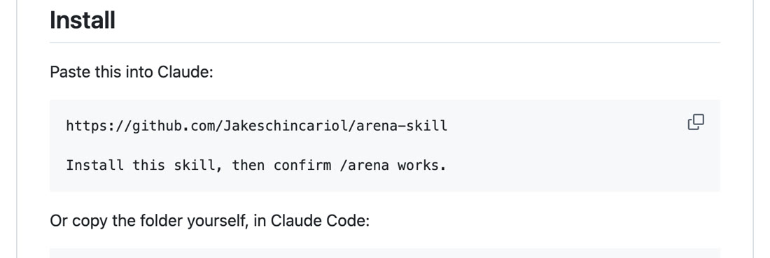 The Install section of the Arena README: paste the GitHub link into Claude and ask it to install the skill