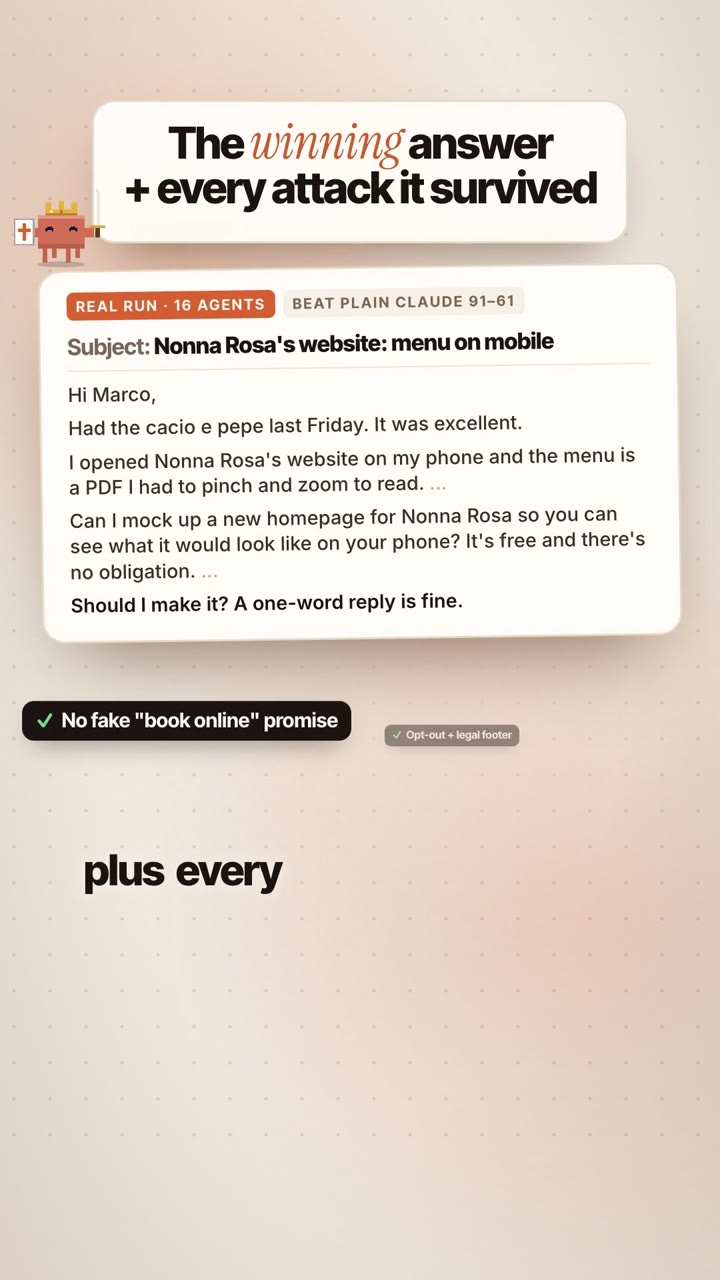 The winning email from the arena run, shown in the reel