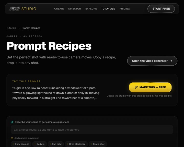 FXI Studio Prompt Recipes page
