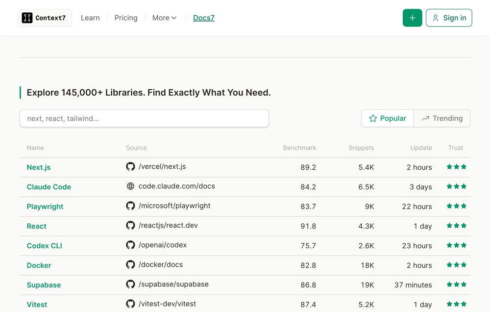Context7 library list