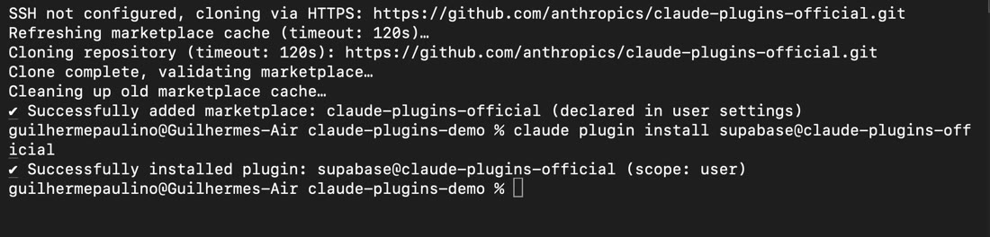 Terminal: Successfully installed plugin supabase