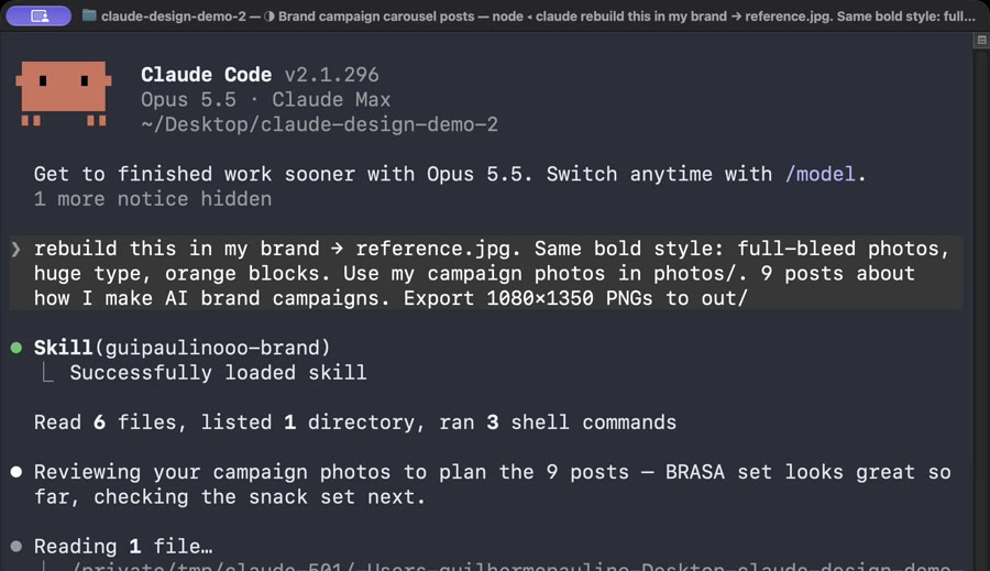 Claude Code loading the brand skill after the prompt