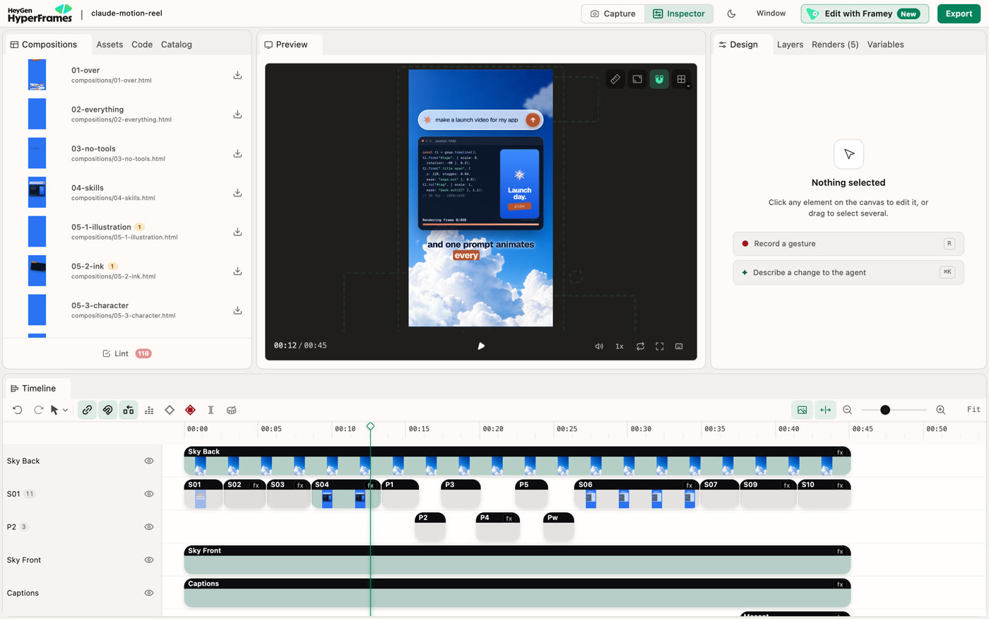 The HyperFrames preview with the video and its timeline
