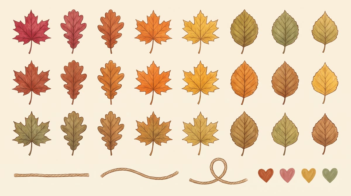 The prop sheet of leaves, twine and hearts