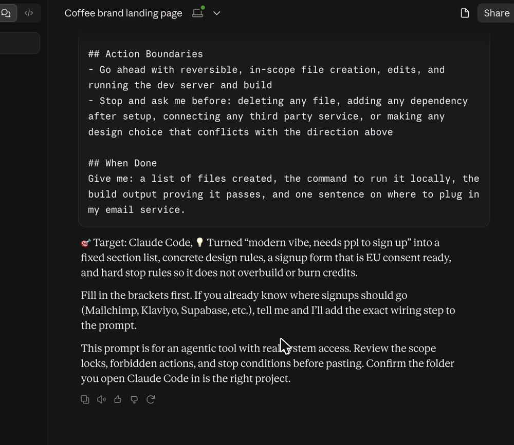 The end of the real prompt Prompt Master wrote: action boundaries, when done, and the target line