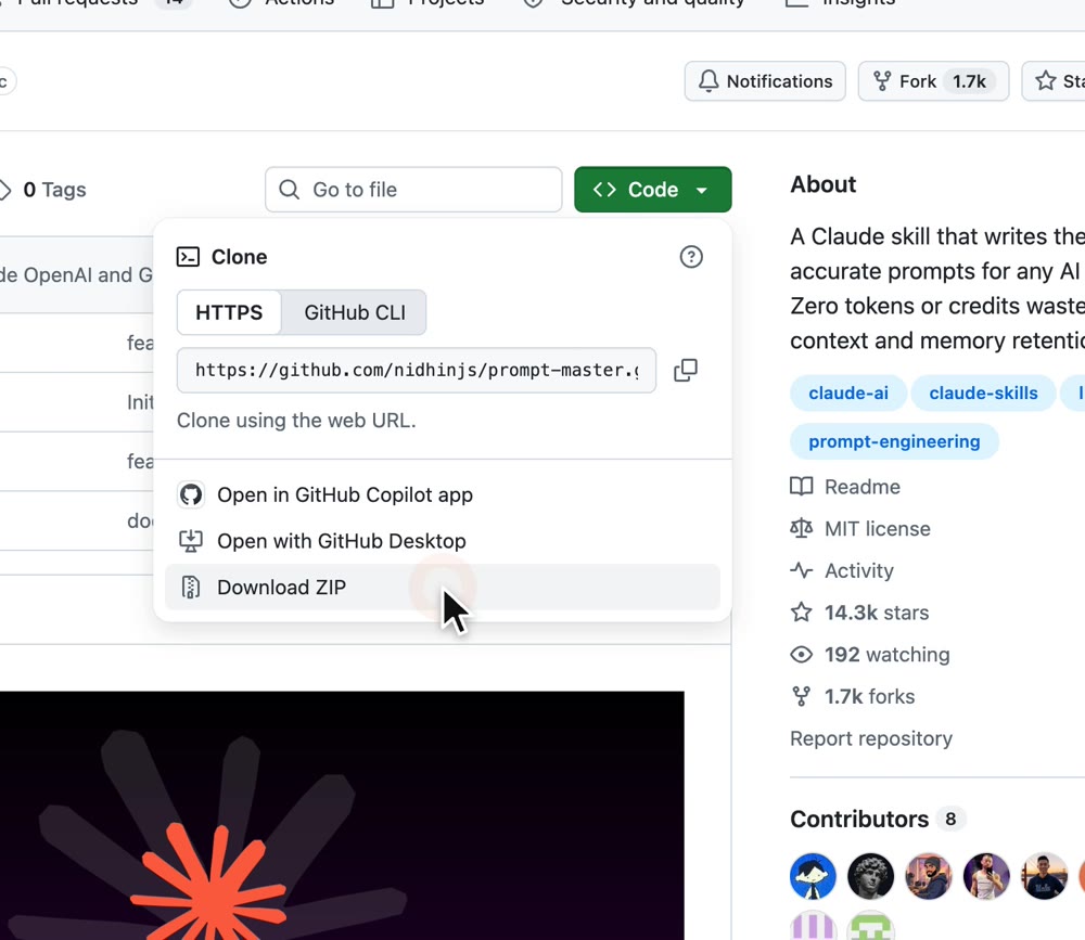 GitHub: Code button open with Download ZIP highlighted