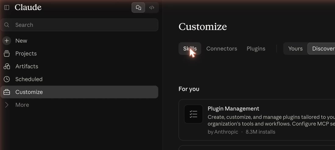 Claude: Customize page with the Skills tab