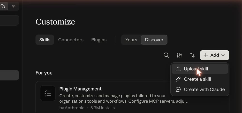 Claude: Add menu open with Upload skill