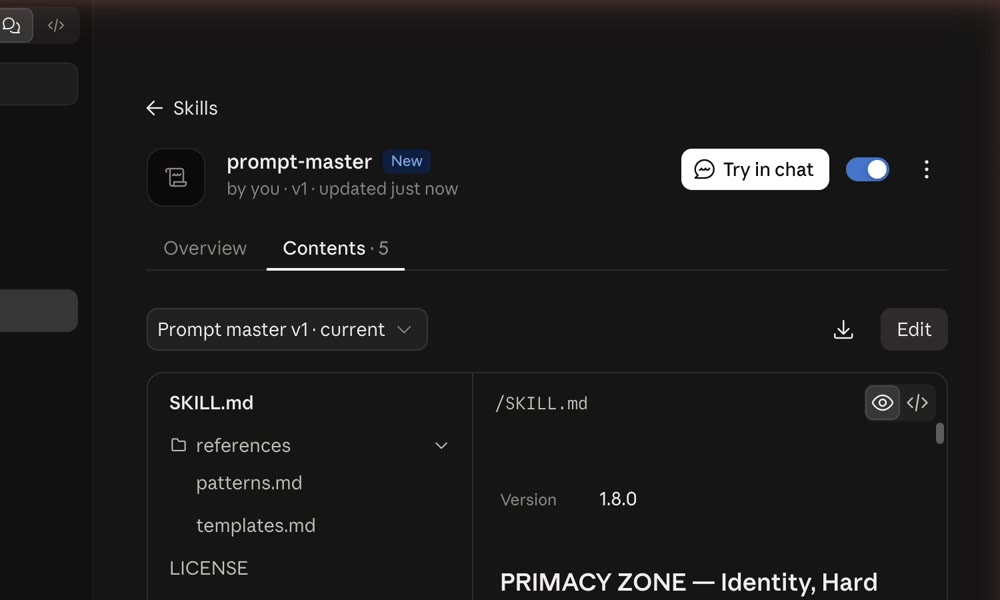 Claude: prompt-master installed and switched on
