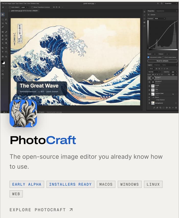 PhotoCraft on getartcraft.com: an open-source image editor, labelled early alpha