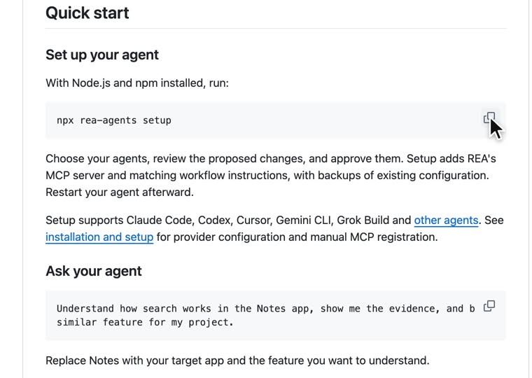 The REA README quick start: run npx rea-agents setup, then ask your agent