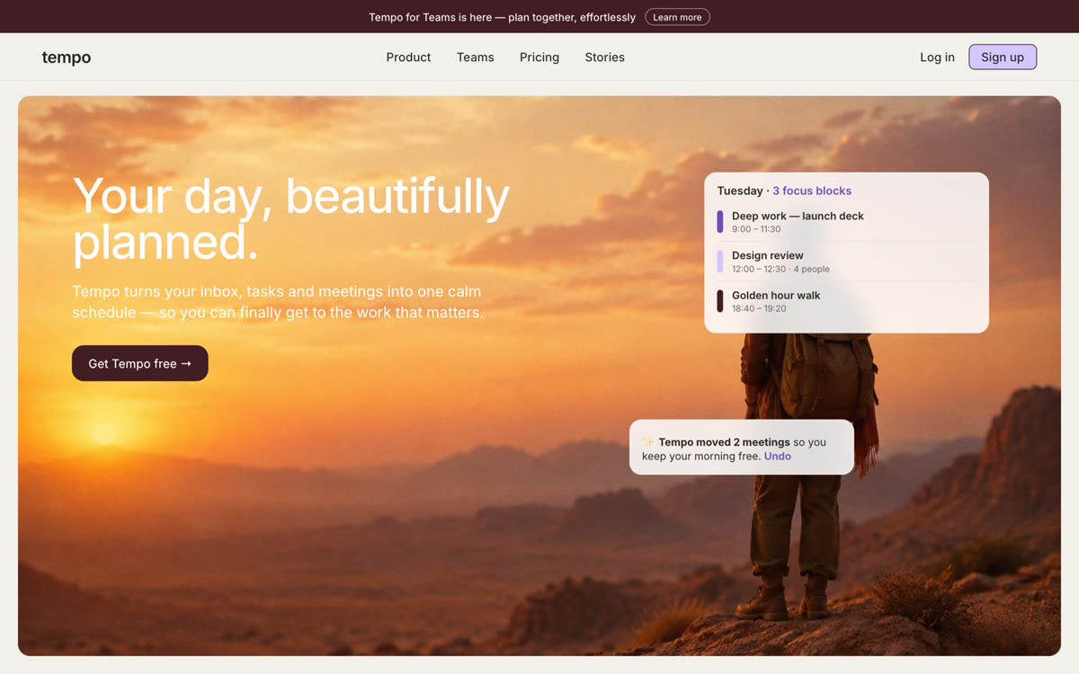 Tempo website built by Claude in the Superhuman style