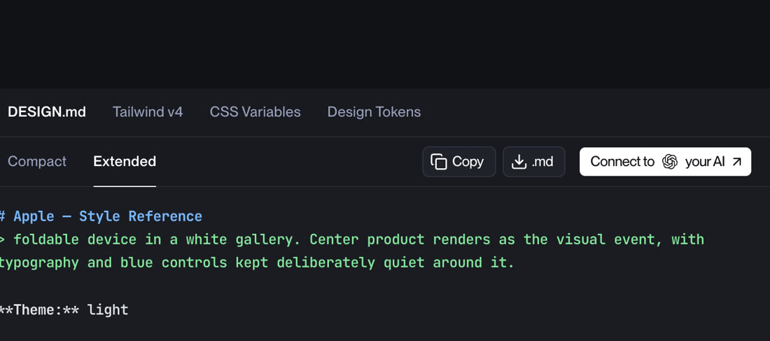 The Copy button above the DESIGN.md on Refero